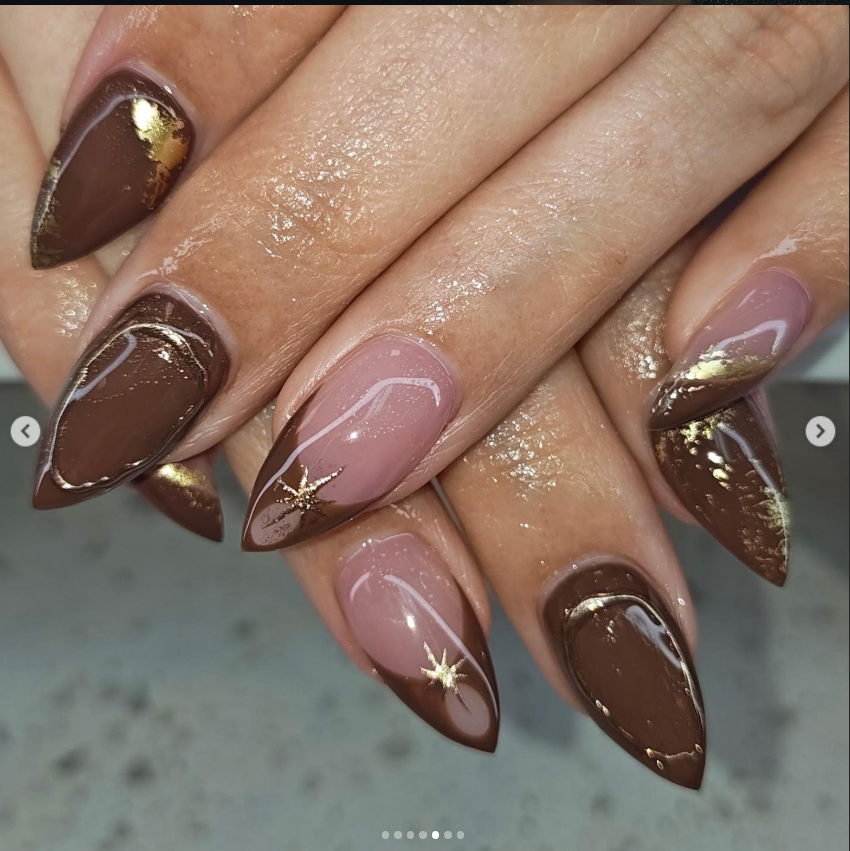 Brown and Gold Abstract Nails